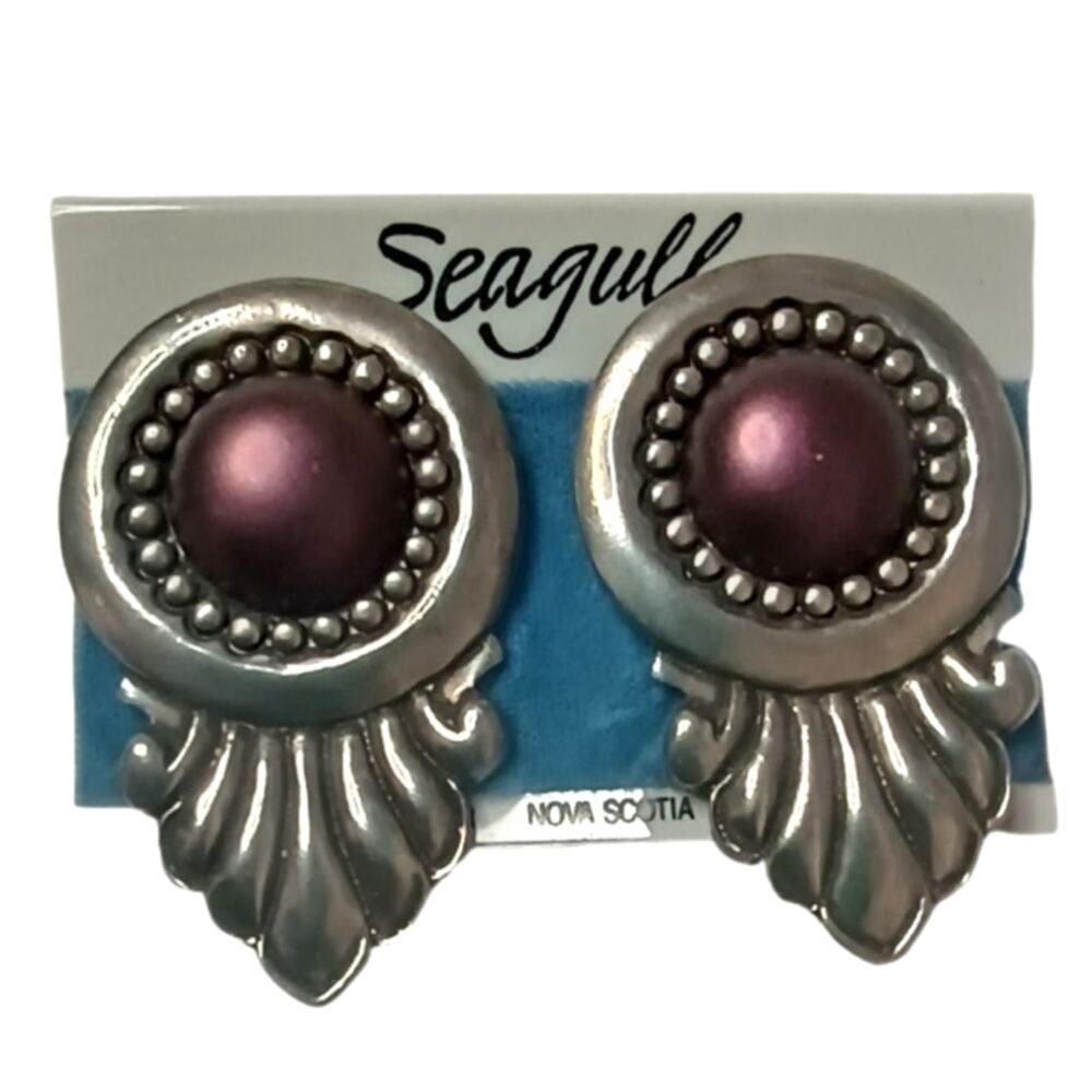 Vintage Seagull Pewter Purple Cabochon Style Clip-On Earrings Signed 1988